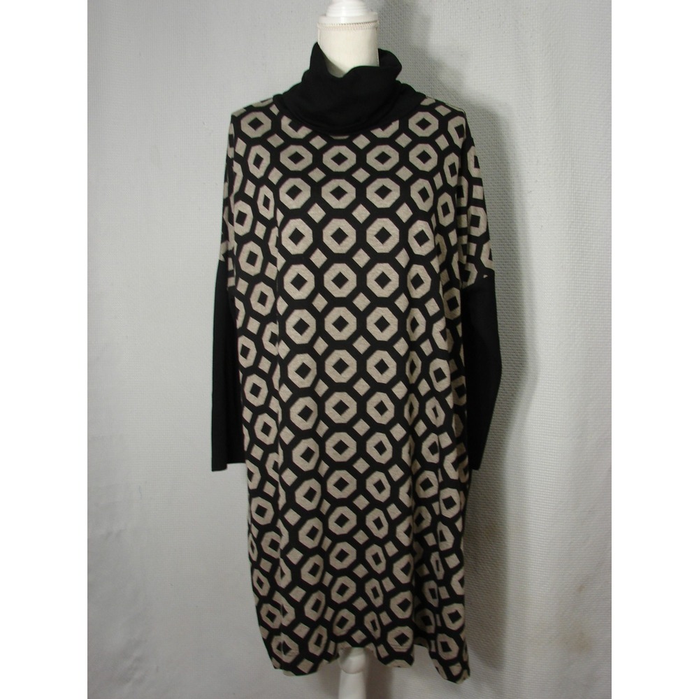 Alembika Top Black Beige Mixed Print Pullover Lagenlook Split Side Hem Tunic M